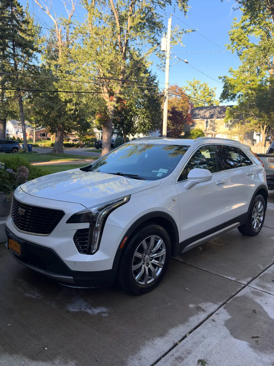 White Cadillac XT4 on a wet driveway after a full inside and out detail